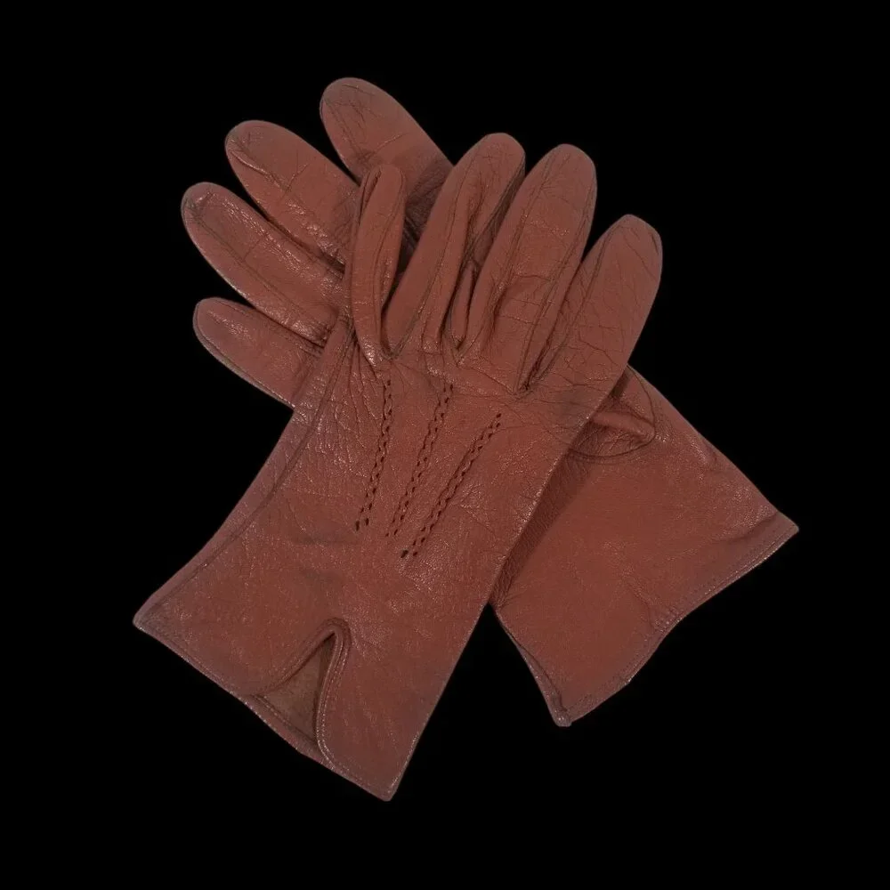 Vintage Leather Driving Gloves Soft Amber Kid Wrist Length Size 7